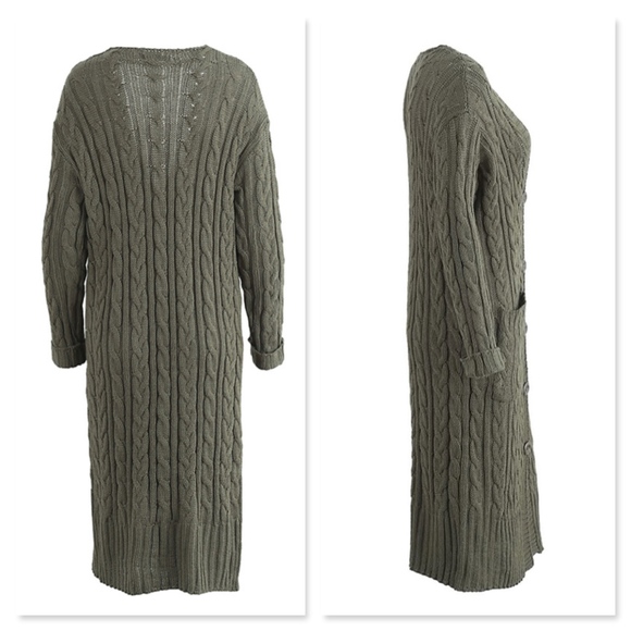 Green Cable Knit Cardigan Buttoned with Pockets - Picture 6 of 8